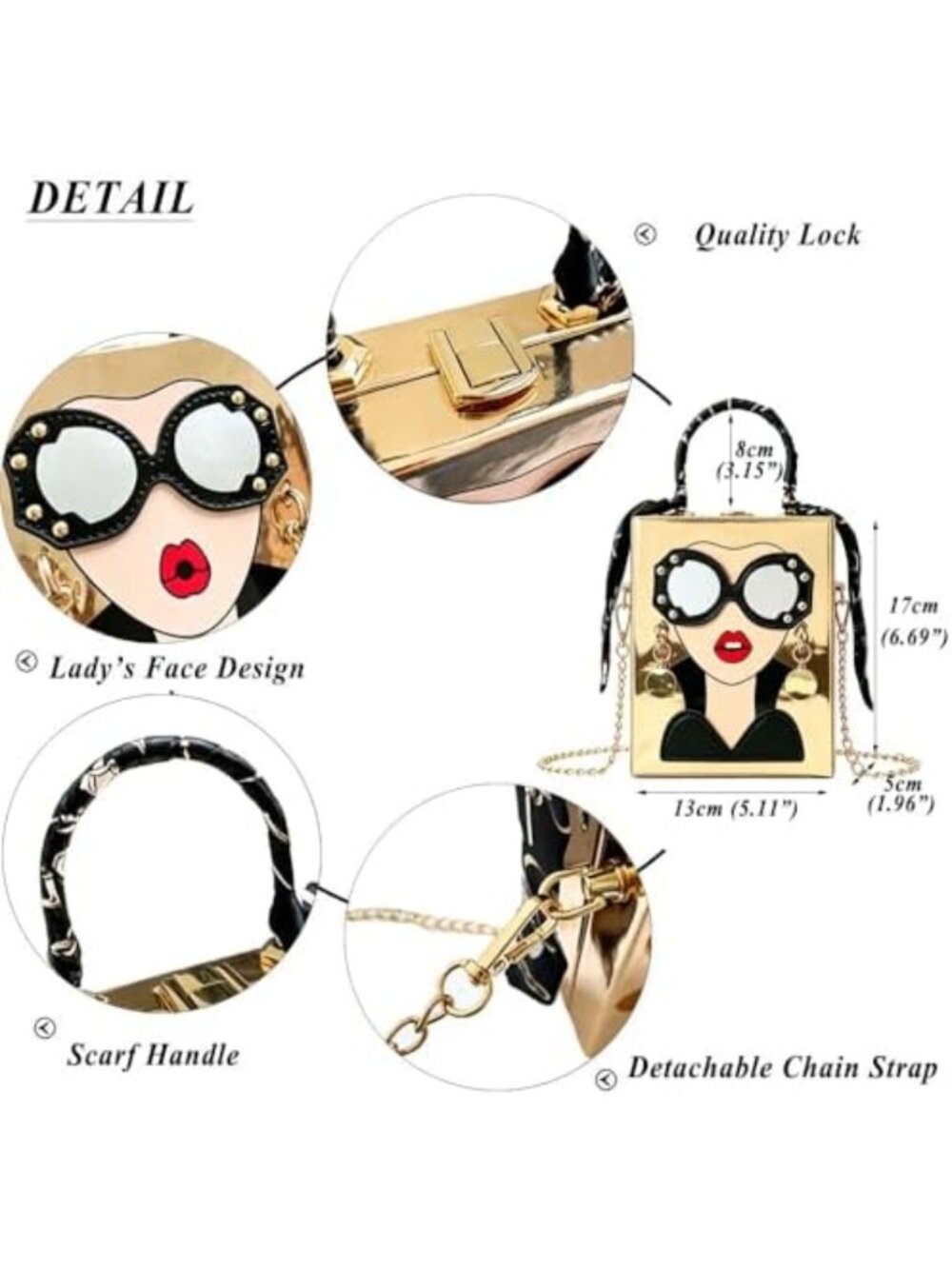 Unique 3D Lady Face Satchel Handbag - Funky PU Leather Crossbody Purse for Women - Picture 4 of 6